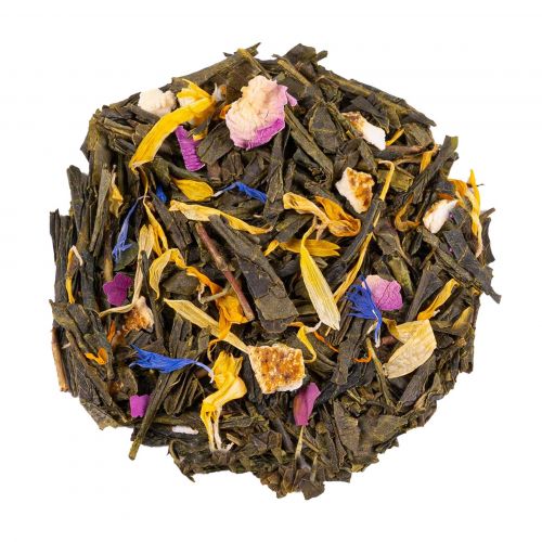 Gute Laune Tee – Erfrischende Mischung aus Orangen, Vanille, grünem Tee, Ringelblumen und Rosenblüten aus kontrolliert biologischem Anbau