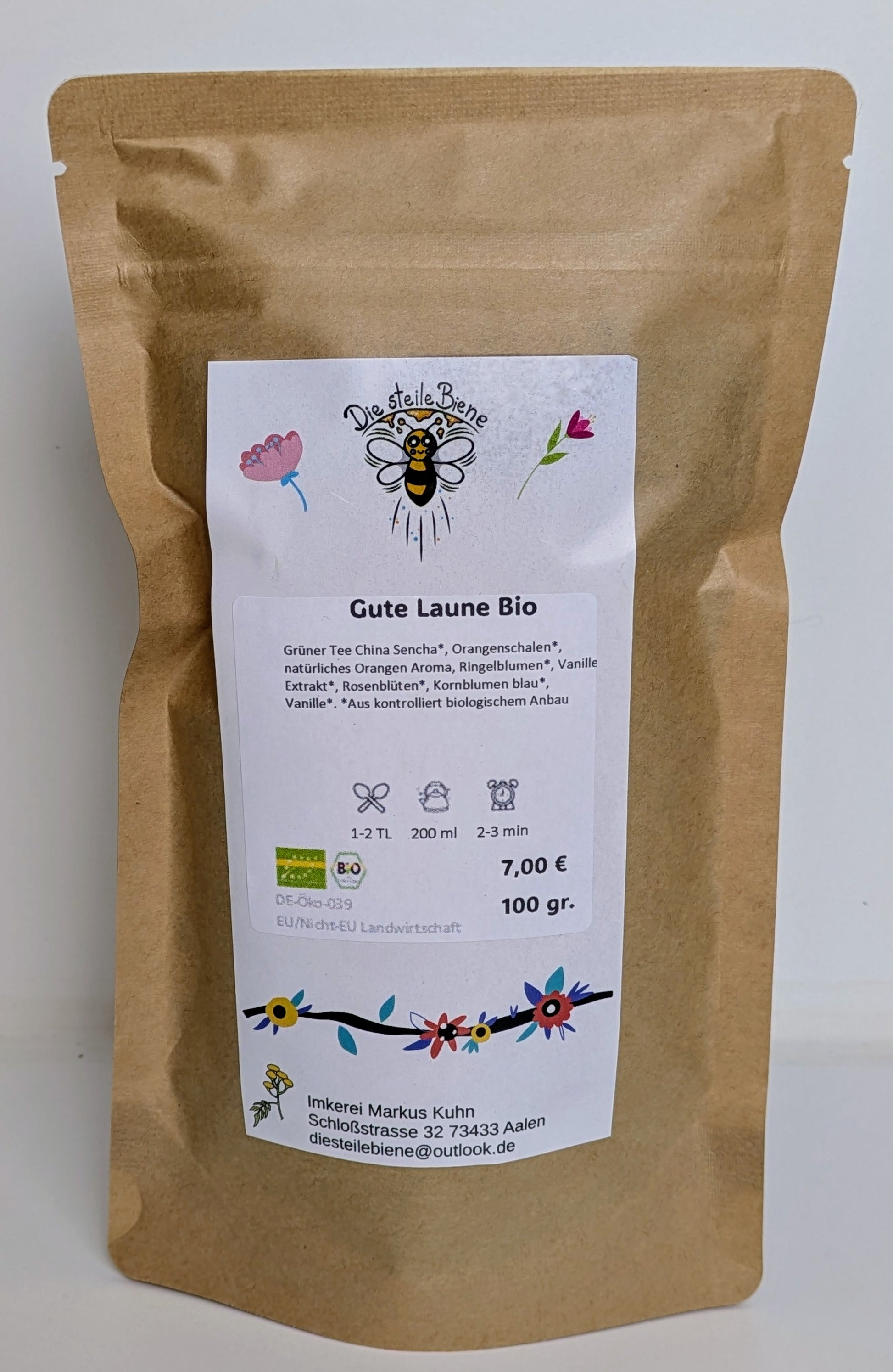 Gute Laune Tee – Erfrischende Mischung aus Orangen, Vanille, grünem Tee, Ringelblumen und Rosenblüten aus kontrolliert biologischem Anbau