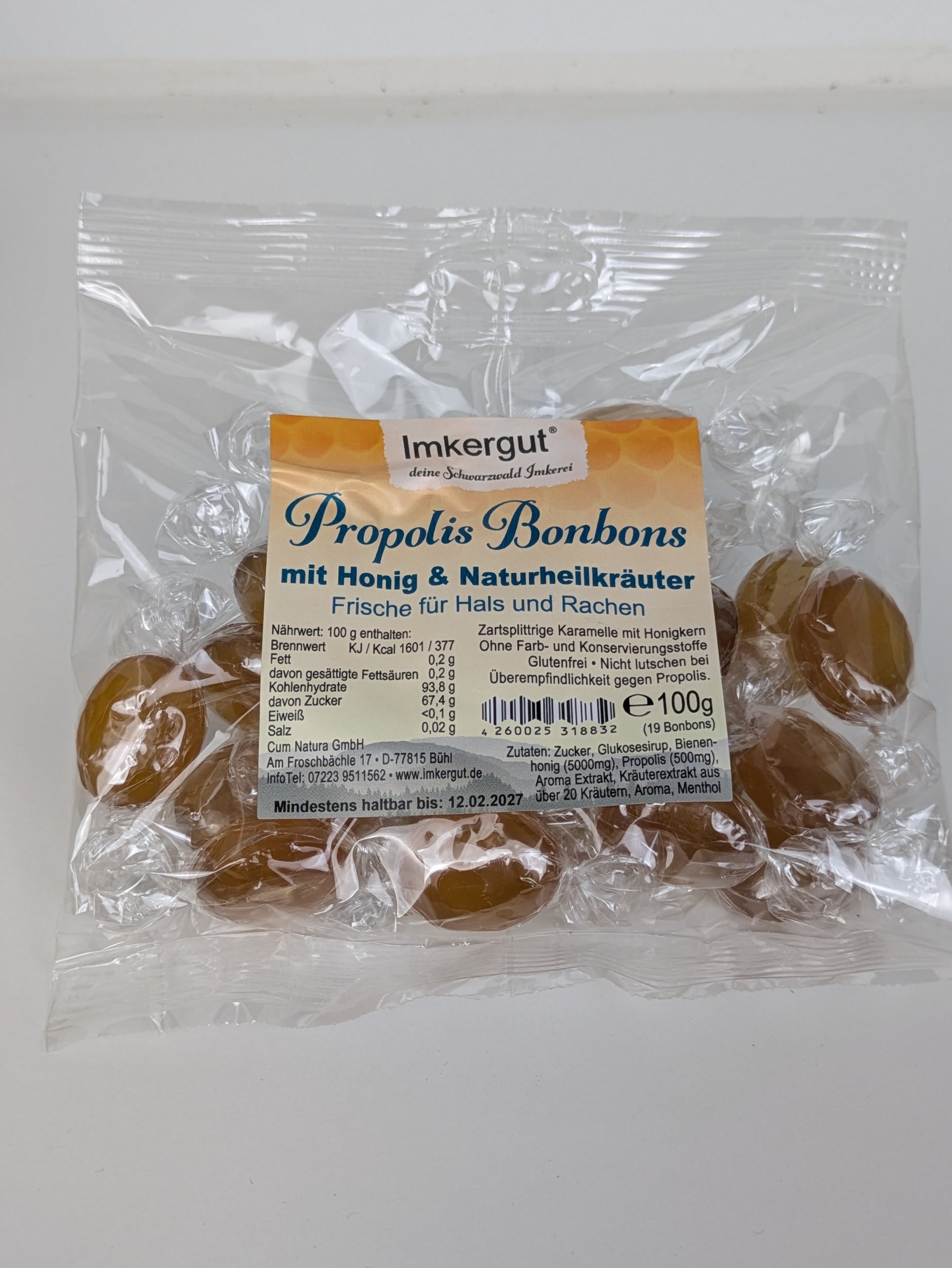 „Honig-Propolis-Bonbons von Imkergut – erhältlich bei Die Steile Biene, wohltuende Halsbonbons mit Honig, Propolis und Kräutern“