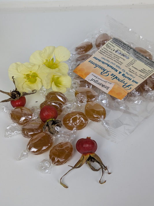 „Honig-Propolis-Bonbons von Imkergut – erhältlich bei Die Steile Biene, wohltuende Halsbonbons mit Honig, Propolis und Kräutern“