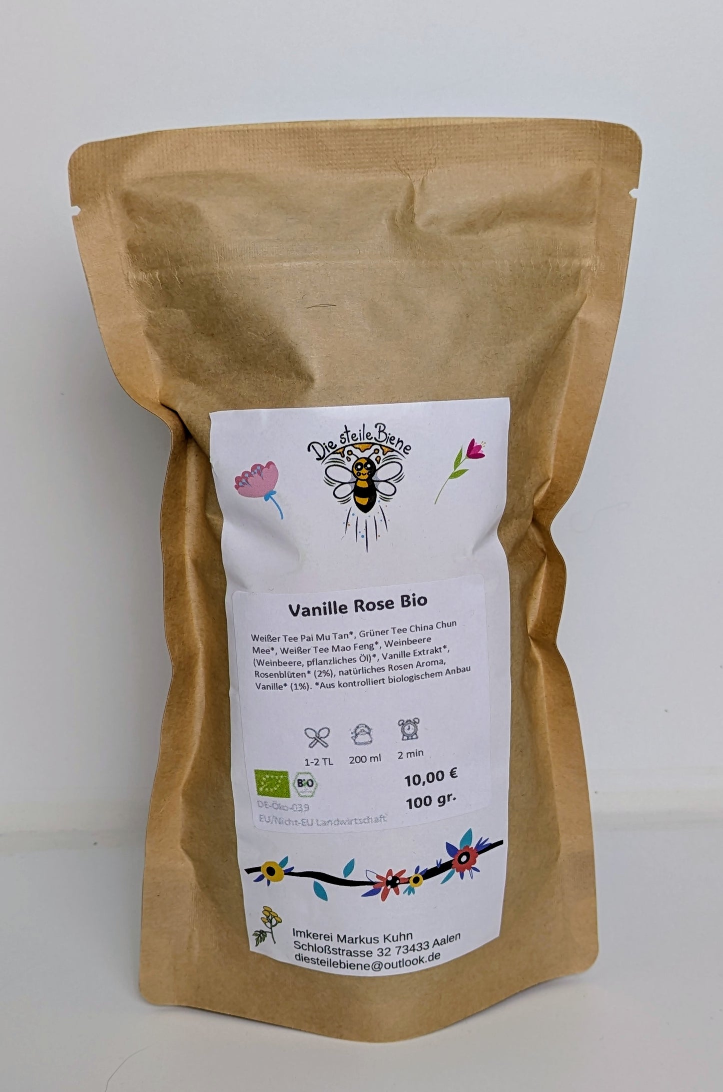 Vanille Rose Tee – Zarte Mischung aus Weißem Tee, Grüner Tee, Rosenblüten und Vanille aus kontrolliert biologischem Anbau