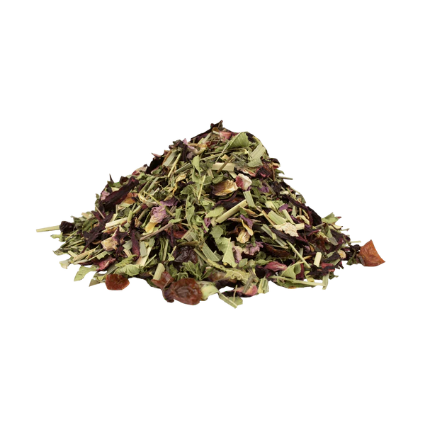 Lose Bio-Kräuterteemischung 7 Kräuter von Die Steile Biene – Hibiskus, Hagebutte, Zitronengras, Verbene, Krauseminze, Brennnessel und Rosenblütenblätter auf natürlichem Holzuntergrund.