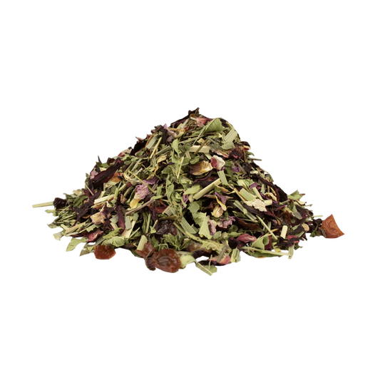 Lose Bio-Kräuterteemischung 7 Kräuter von Die Steile Biene – Hibiskus, Hagebutte, Zitronengras, Verbene, Krauseminze, Brennnessel und Rosenblütenblätter auf natürlichem Holzuntergrund.