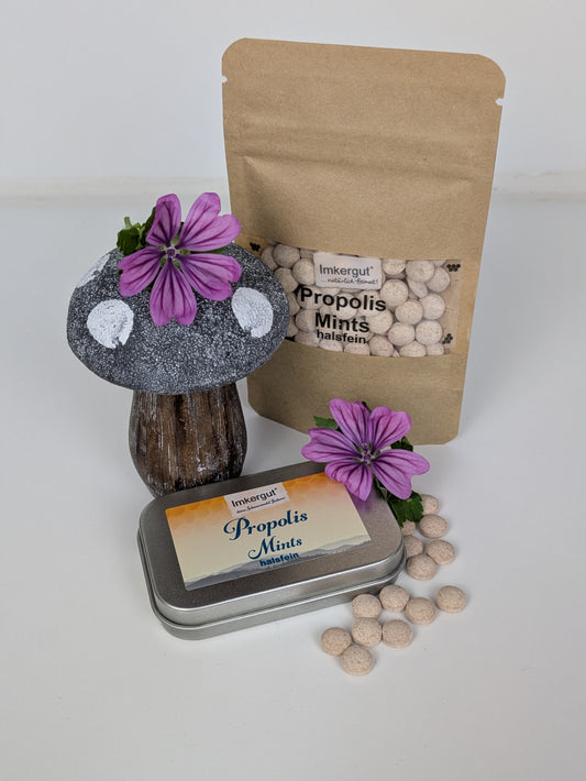 „Imkergut Propolis Mints – handliche Metalldose mit 50 Minz-Pastillen, erhältlich bei Die Steile Biene“