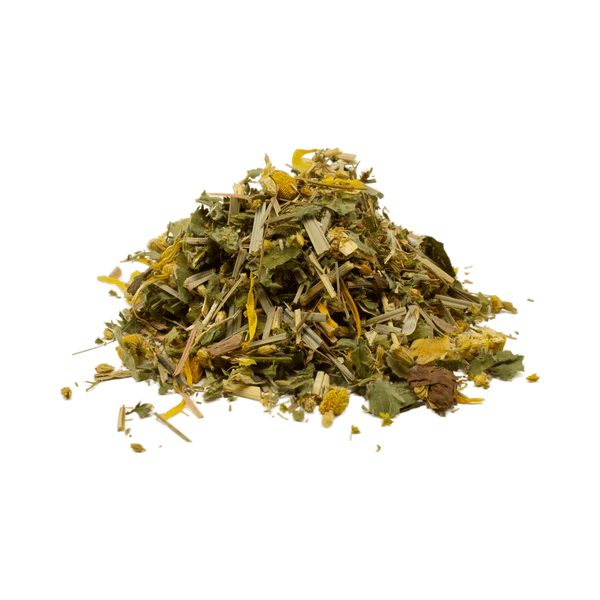 Sanfter Morgen Bio Kräutertee – blumige Kräutermischung mit Kamille, Johanniskraut und Frauenmantel auf natürlichem Holzuntergrund – Die Steile Biene