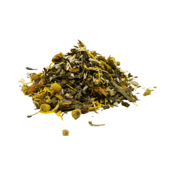 Strahlende Blüte Bio Grüntee – blumige Grüntee-Mischung mit Rosen, Maracuja und Sanddorn auf Holzuntergrund – Die Steile Biene