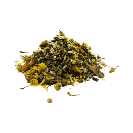 Strahlende Blüte Bio Grüntee – blumige Grüntee-Mischung mit Rosen, Maracuja und Sanddorn auf Holzuntergrund – Die Steile Biene