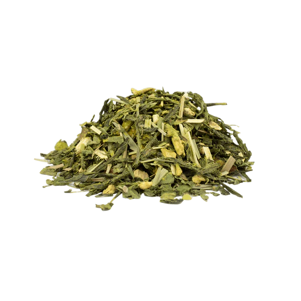 Balance Bio Grüntee – belebende Mischung mit Ingwer, Matcha, Mate, Minze und Zitronenöl auf Holzuntergrund – Die Steile Biene