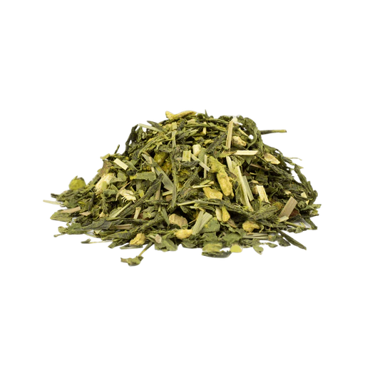 Balance Bio Grüntee – belebende Mischung mit Ingwer, Matcha, Mate, Minze und Zitronenöl auf Holzuntergrund – Die Steile Biene