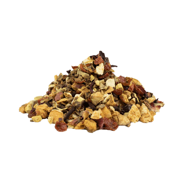 „Weihnachtspunschgewürz Bio – würziger Wintertee mit Zimt, Orange und Hibiskus auf Holzuntergrund – Die Steile Biene