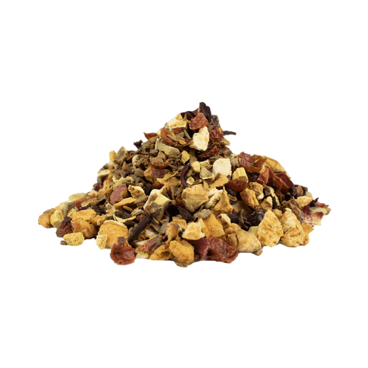 „Weihnachtspunschgewürz Bio – würziger Wintertee mit Zimt, Orange und Hibiskus auf Holzuntergrund – Die Steile Biene